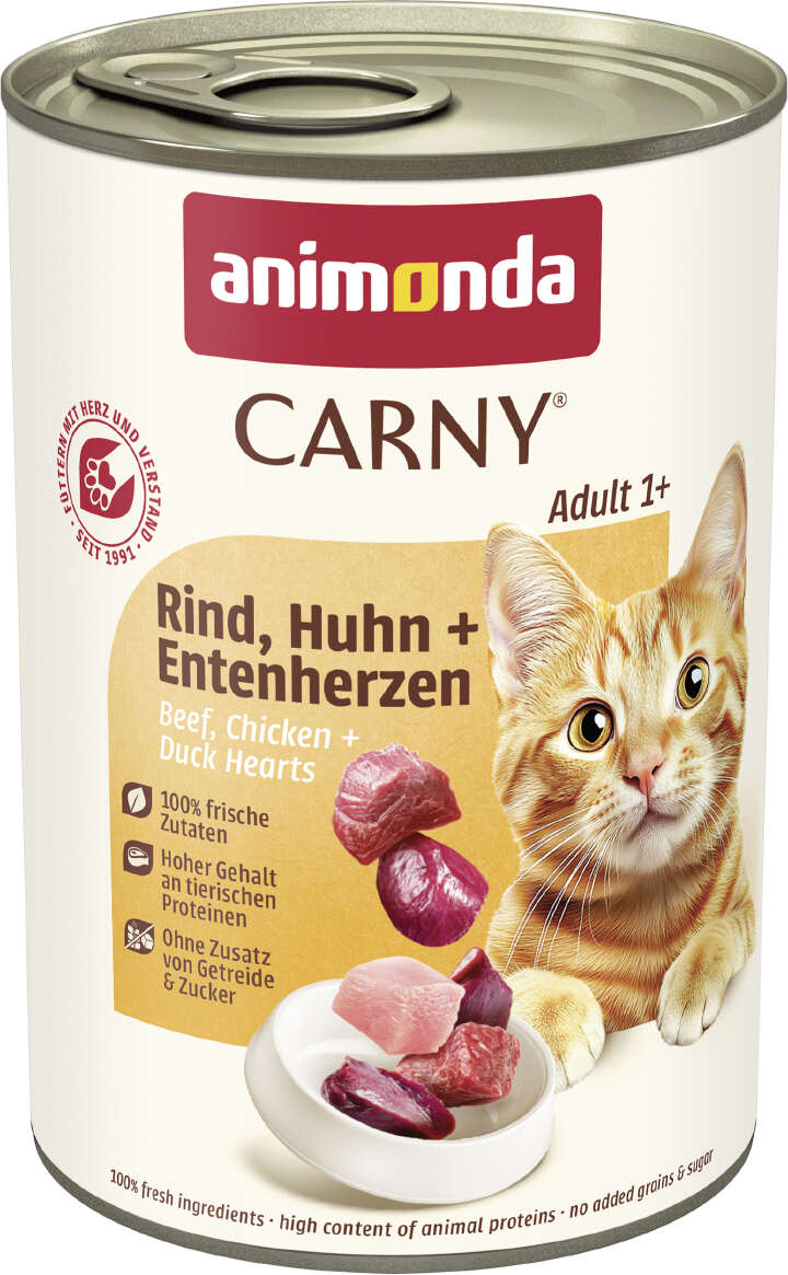animonda Katzen-Nassfutter Carny Adult Rind, Huhn + Entenherzen